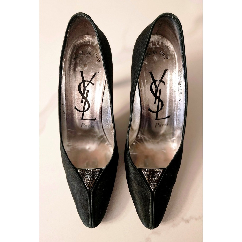 Yves Saint Laurent Pumps Women 8N Black Good Satin Crystal Pointed Toe Italy